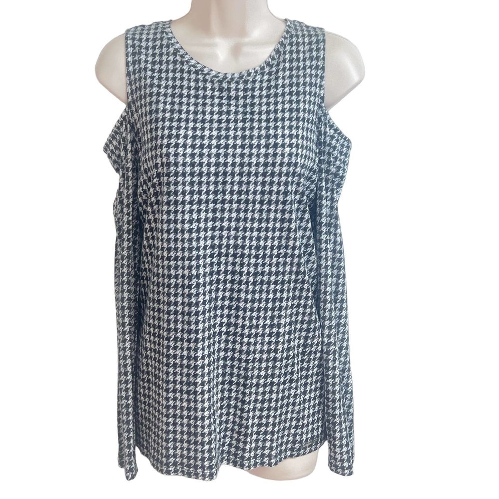 Michael Kors houndstooth cold shoulder long sleeve scoop neck top black white M